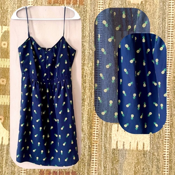 j.crew • navy blue pineapple 🍍 print spaghetti strap a-line mini dress - Picture 1 of 17